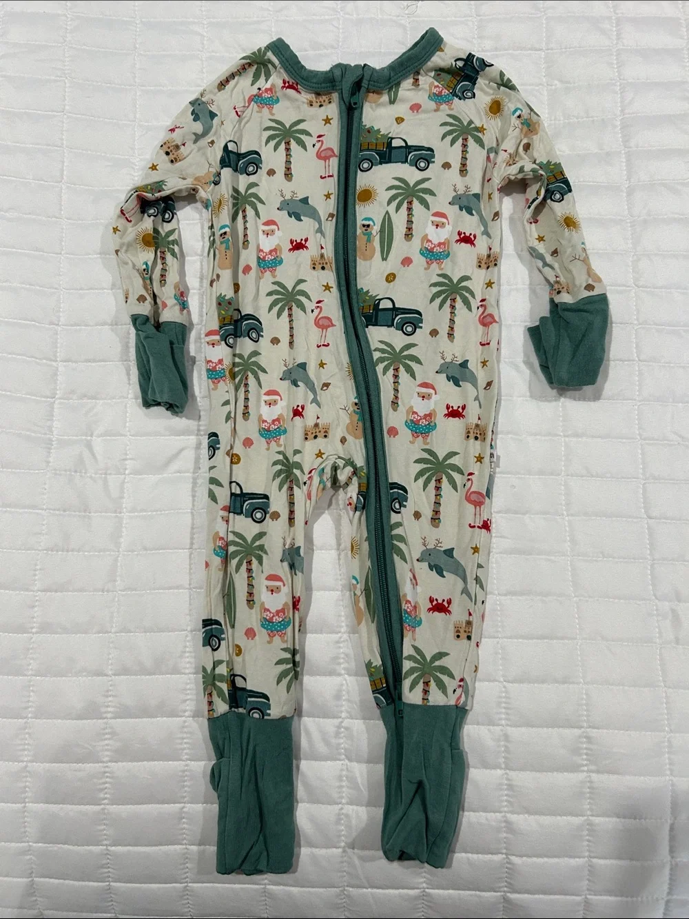 Cream Tropical-Print Footie with Green Trim - Kids One-Piece